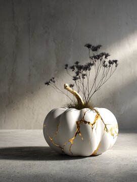 White kintsugi style pumpkin vase with dried flowers on concrete background