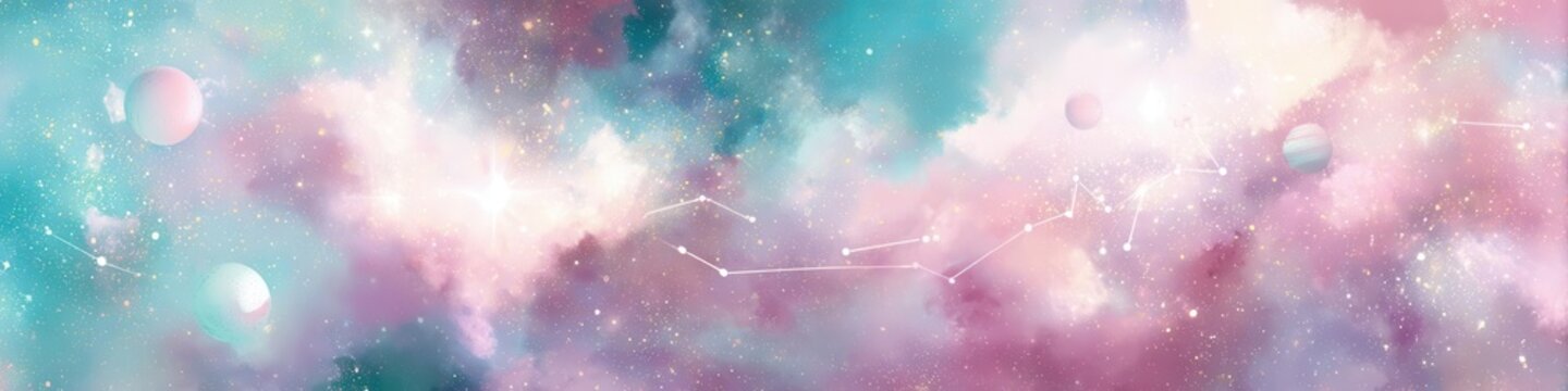 Dreamy Pastel Galaxy Sky with Constellations and Planets