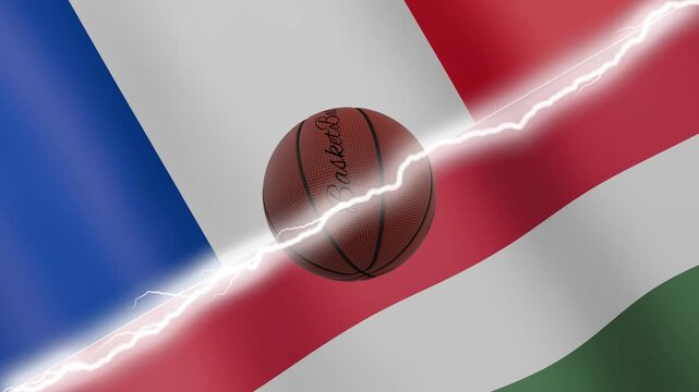 Spinning basketball ball against waving flags Hungary and France separated by a diagonal electric effect, seamless 4k loop