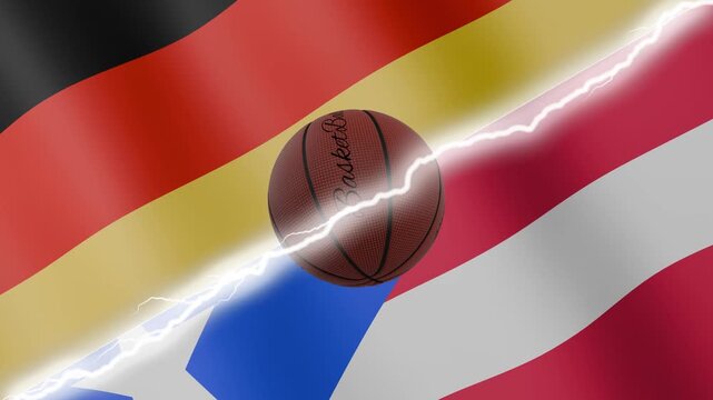 Spinning basketball ball against waving flags Puerto Rico and Germany separated by a diagonal electric effect, seamless 4k loop