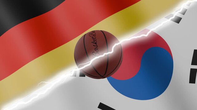 Spinning basketball ball against waving flags South Korea and Germany separated by a diagonal electric effect, seamless 4k loop