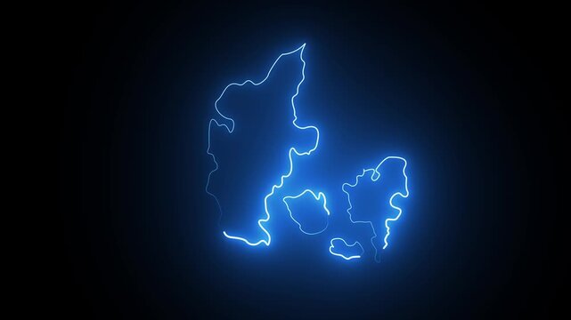 Glowing neon blue map of denmark on a dark black background