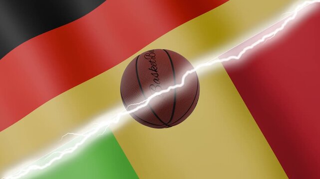 Spinning basketball ball against waving flags Mali and Germany separated by a diagonal electric effect, seamless 4k loop