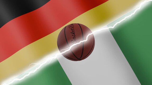 Spinning basketball ball against waving flags Nigeria and Germany separated by a diagonal electric effect, seamless 4k loop