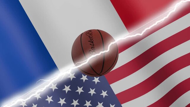 Spinning basketball ball against waving flags United States of America and France separated by a diagonal electric effect, seamless 4k loop
