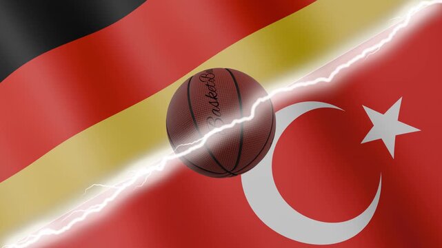 Spinning basketball ball against waving flags Turkey and Germany separated by a diagonal electric effect, seamless 4k loop