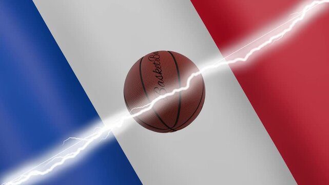Spinning basketball ball against waving flags France and France separated by a diagonal electric effect, seamless 4k loop