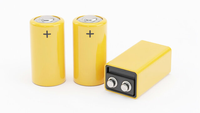 Two cylindrical yellow batteries and a rectangular yellow battery with black top