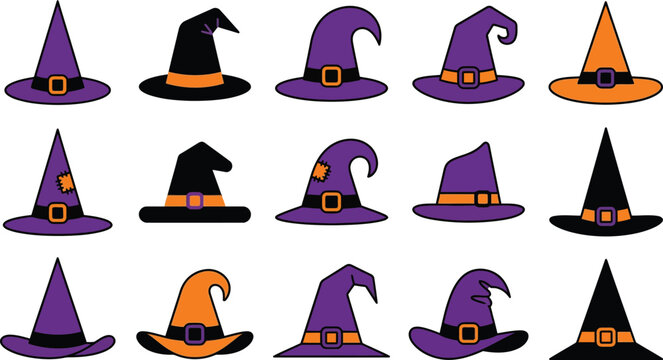 A collection of various colorful witch hats isolated on a white background for your creative halloween party decorations and festive seasonal design projects