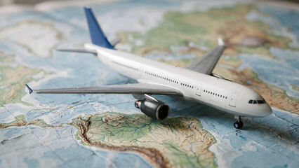 Naklejka premium Model airplane resting on a world map, symbolizing global travel and transportation for tourism and adventure
