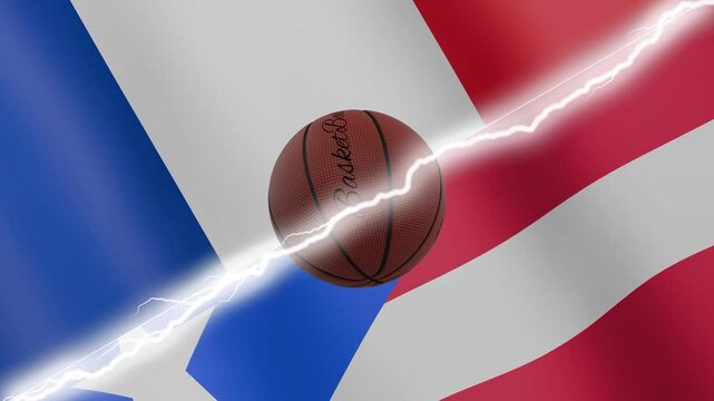 Spinning basketball ball against waving flags Puerto Rico and France separated by a diagonal electric effect, seamless 4k loop