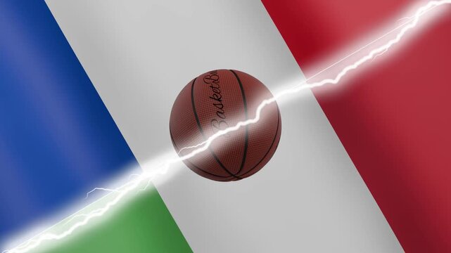 Spinning basketball ball against waving flags Italy and France separated by a diagonal electric effect, seamless 4k loop