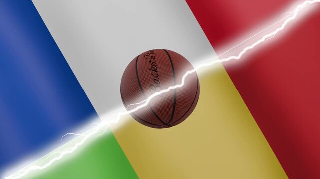 Spinning basketball ball against waving flags Mali and France separated by a diagonal electric effect, seamless 4k loop