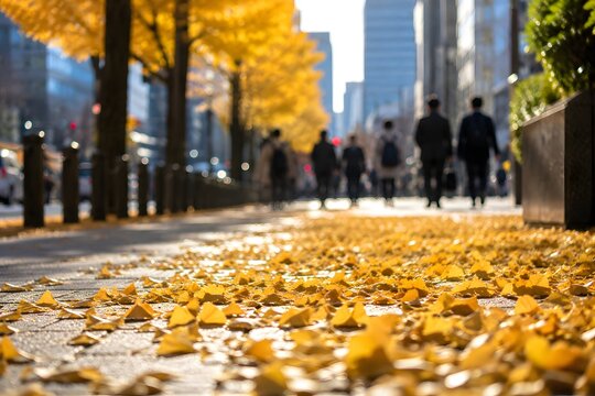 Low angle close up of golden ginkgo leaves on city sidewalk with blurred commuters walking in background