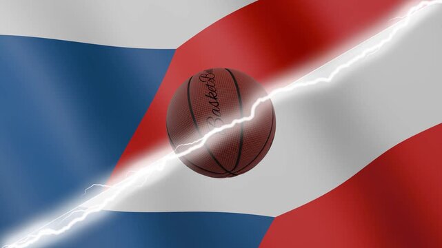 Spinning basketball ball against waving flags Czechia and Czechia separated by a diagonal electric effect, seamless 4k loop