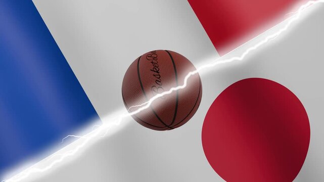 Spinning basketball ball against waving flags Japan and France separated by a diagonal electric effect, seamless 4k loop
