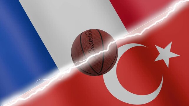 Spinning basketball ball against waving flags Turkey and France separated by a diagonal electric effect, seamless 4k loop