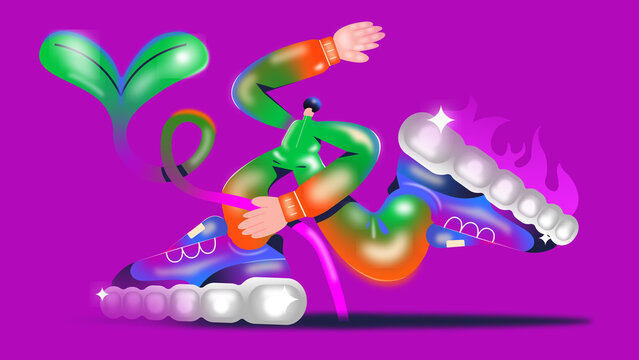 Dynamic Futuristic Runner with Oversized Sneakers on Purple Background