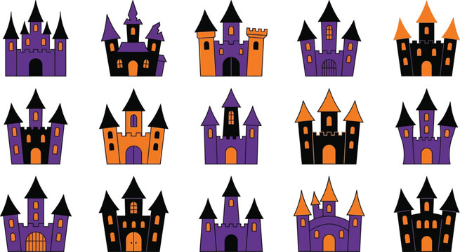 A collection of various spooky haunted house illustrations designed for halloween decorations featuring purple and orange colors on a clean white background setting