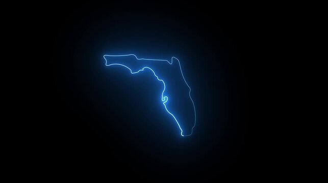 Glowing blue neon outline of the state of florida map on a dark black background