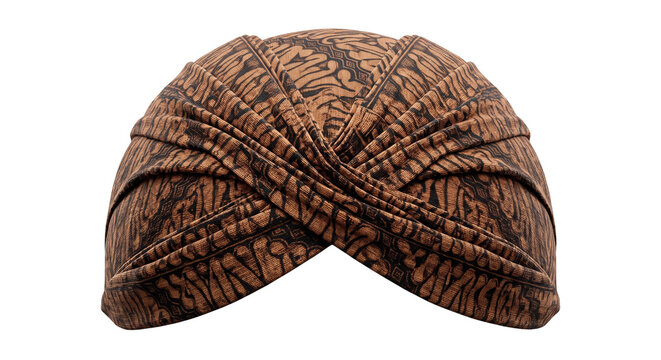 Realistic 3D render of a traditional Javanese Blangkon headgear featuring intricate brown batik patterns, isolated on transparent background