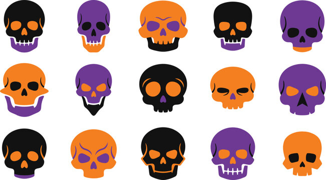 A collection of colorful decorative skulls in orange purple and black colors perfect for a spooky halloween party design or festive holiday decorations