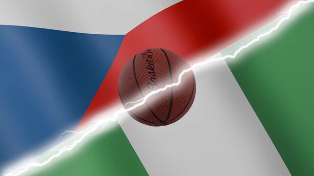 Spinning basketball ball against waving flags Nigeria and Czechia separated by a diagonal electric effect, seamless 4k loop