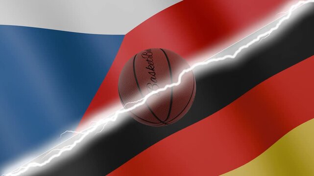 Spinning basketball ball against waving flags Germany and Czechia separated by a diagonal electric effect, seamless 4k loop
