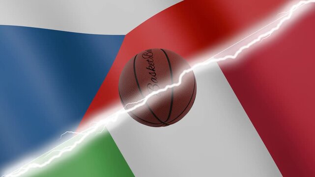 Spinning basketball ball against waving flags Italy and Czechia separated by a diagonal electric effect, seamless 4k loop