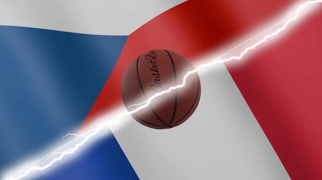 Spinning basketball ball against waving flags France and Czechia separated by a diagonal electric effect, seamless 4k loop