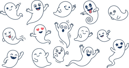 Fototapeta premium A collection of cute hand drawn ghost characters with various expressions perfect for halloween decorations and spooky themed party invitations or digital scrapbooking projects