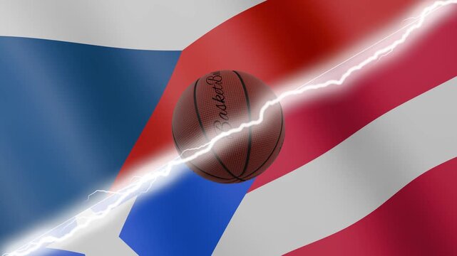 Spinning basketball ball against waving flags Puerto Rico and Czechia separated by a diagonal electric effect, seamless 4k loop