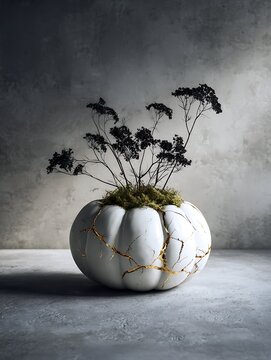 White kintsugi style pumpkin vase with dried flowers on concrete background