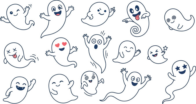 A collection of cute hand drawn ghost characters with various expressions perfect for halloween decorations and spooky themed party invitations or digital scrapbooking projects