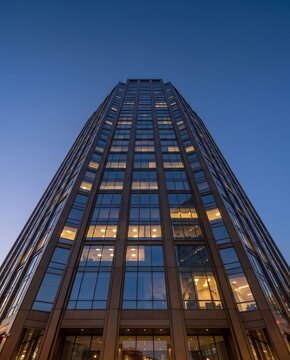Contemporary office tower at dusk with illuminated floors and glass facade