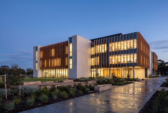 Research and technology campus building at dusk with warm interior light