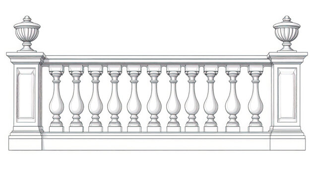 Classic balustrade detail with stone pillars and decorative urns, vector illustration