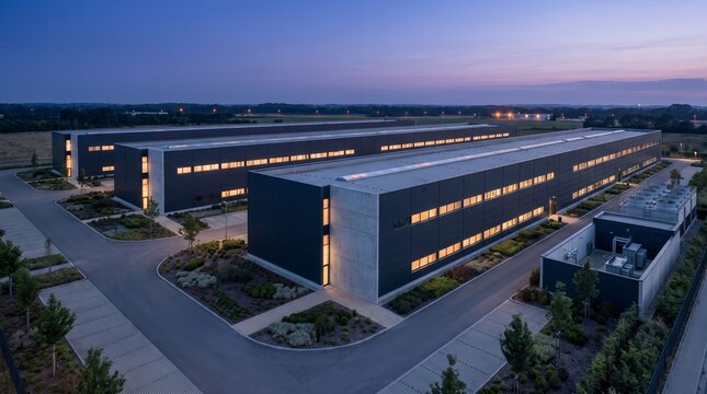 Data center campus at dusk with multiple buildings and warm illuminated windows