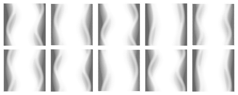 Retro Halftone Gradient Waves, Dotted Abstract Texture Set, Monochrome Vector Background Pack