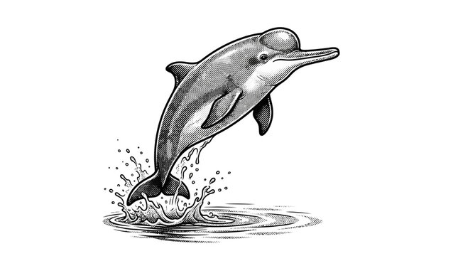 Engraved jumping dolphin with water splash on white background.