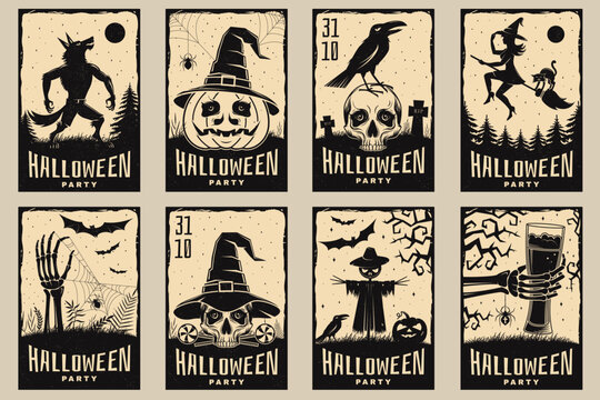 Vintage Halloween Poster Set, Retro Horror Party Prints Collection, Distressed Gothic. Halloween posters with magic and witchcraft. Vector Illustrations