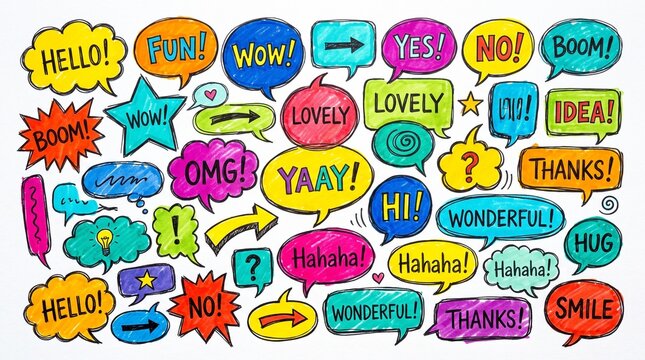 Set of colorful hand drawn speech bubbles with various text expressions like hello wow and yes for comic book design and chat conversation elements in a fun doodle graphic style