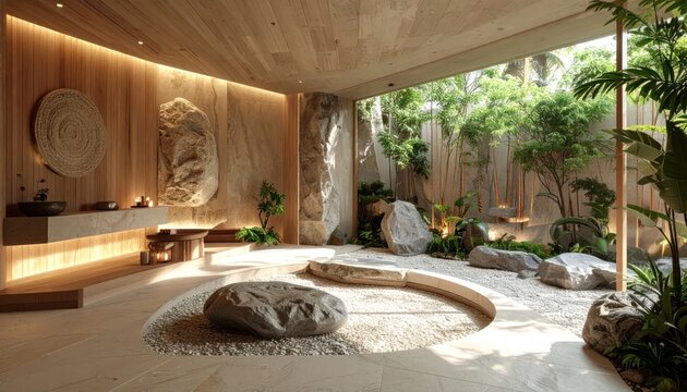 Modern zen spa reception featuring sand garden and stone