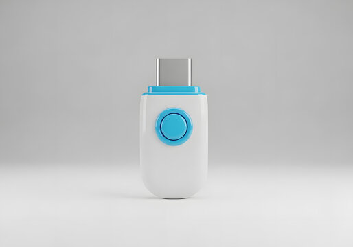 USB drive with a white plastic body and a blue circular button stands vertically on a clean surface.
