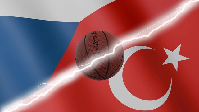 Spinning basketball ball against waving flags Turkey and Czechia separated by a diagonal electric effect, seamless 4k loop