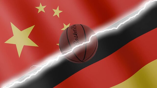 Spinning basketball ball against waving flags Germany and China separated by a diagonal electric effect, seamless 4k loop