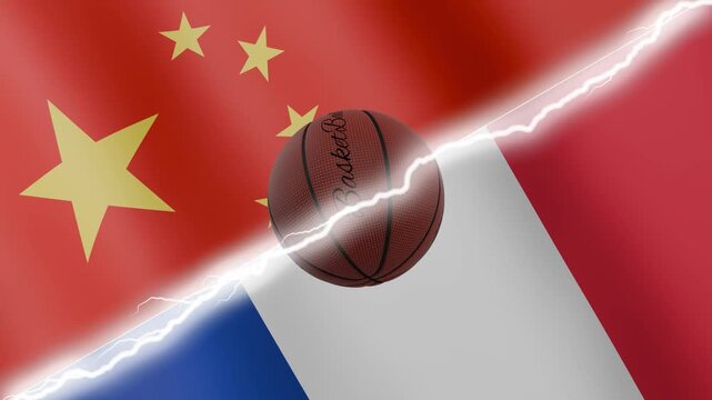 Spinning basketball ball against waving flags France and China separated by a diagonal electric effect, seamless 4k loop