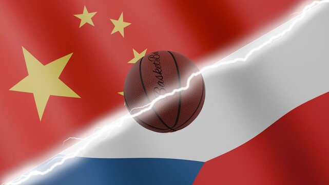 Spinning basketball ball against waving flags Czechia and China separated by a diagonal electric effect, seamless 4k loop