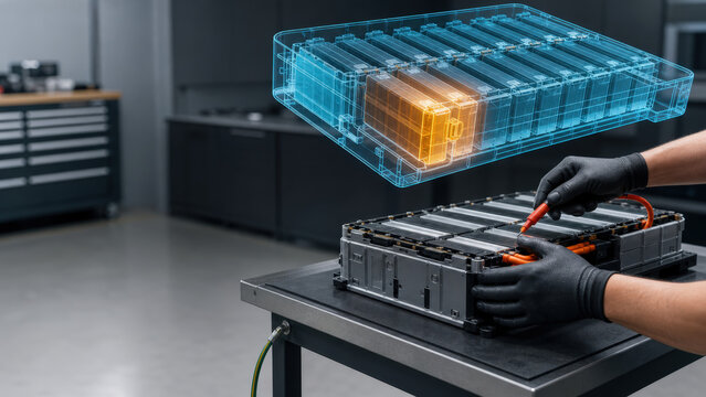 Electric Battery Module Service With Failed Cell Hologram