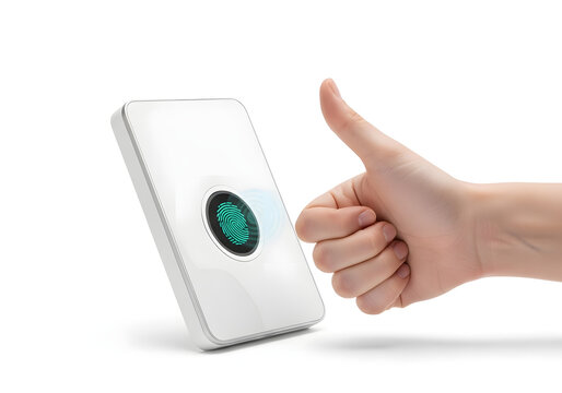 Fingerprint scanner device is shown next to a human hand giving a thumbs up sign to represent secure authentication and digital identity verification.
